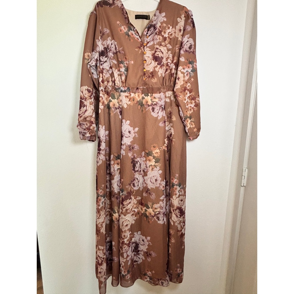 Annah Hariri Brown Floral Modest Maxi Dress Long Sleeve V-Neck Size US 20